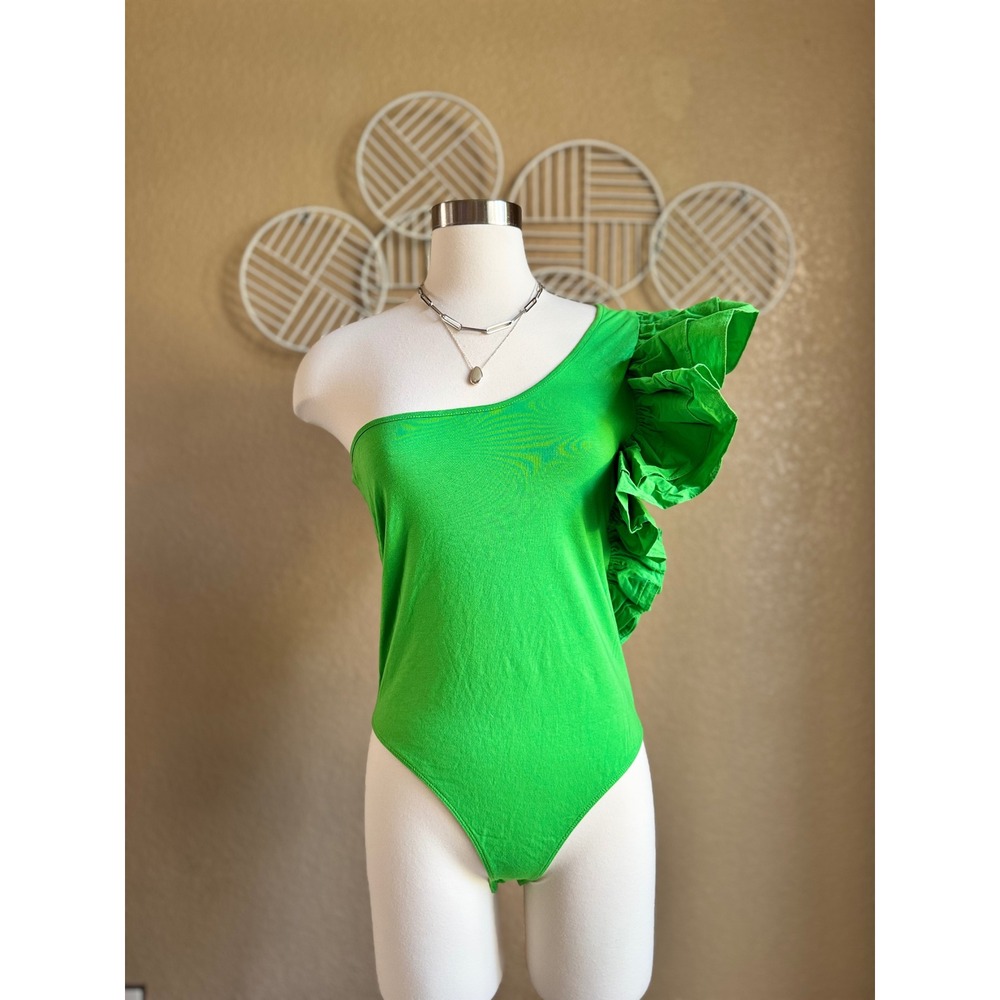 Zara Womens Green One Shoulder Ruffle Bodysuit Size Large Asymmetric Snap Base